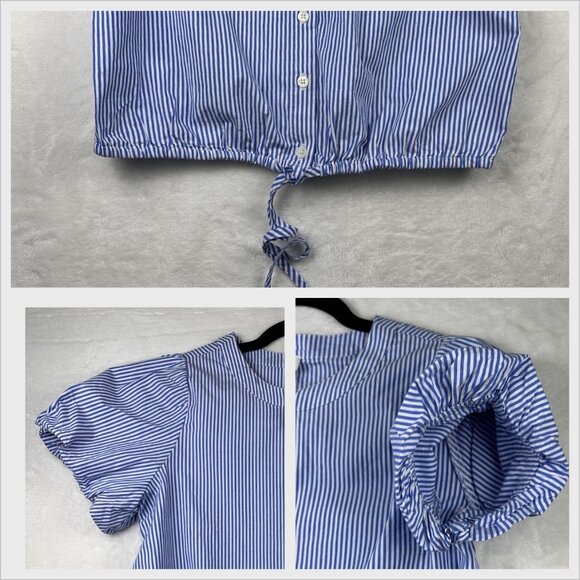 J.Crew Women’s Striped Blouse Puff-Sleeve Tie-Waist Top Banker Blue Sz XS NWT - Picture 9 of 11